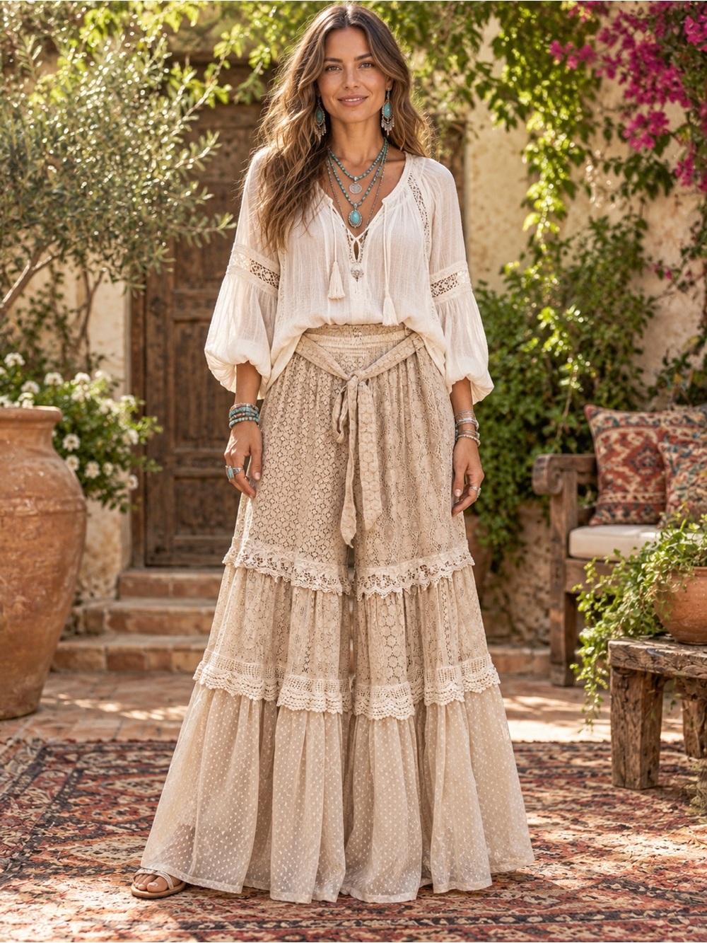 H008 Young Threads M w14-18 Neutral Lace Tiered Wide-Leg Pants in Latte